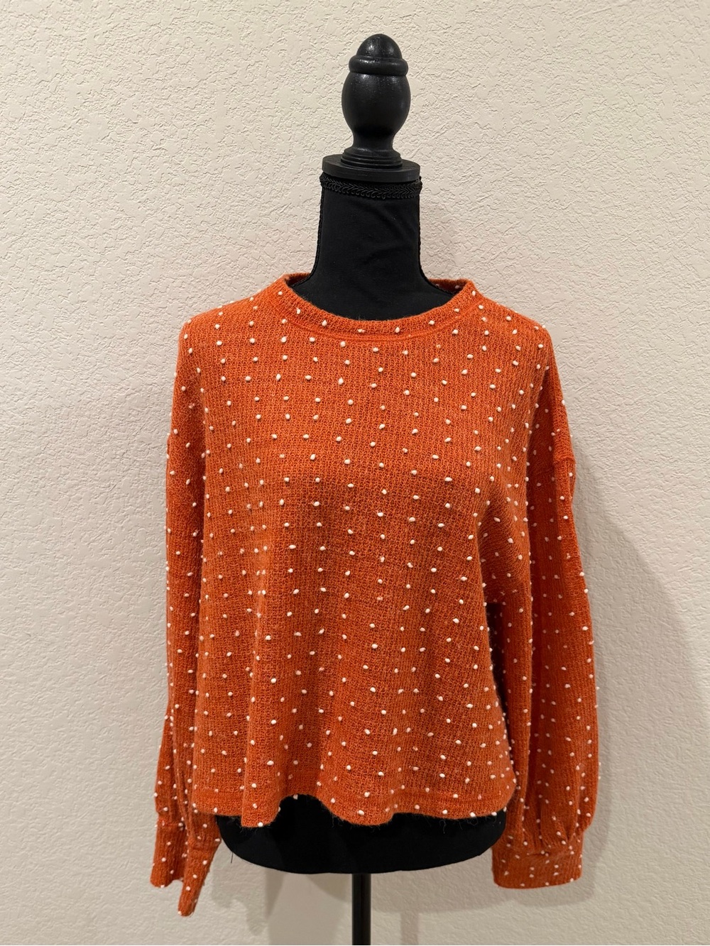 Pearl-Accent Orange Crewneck Sweater